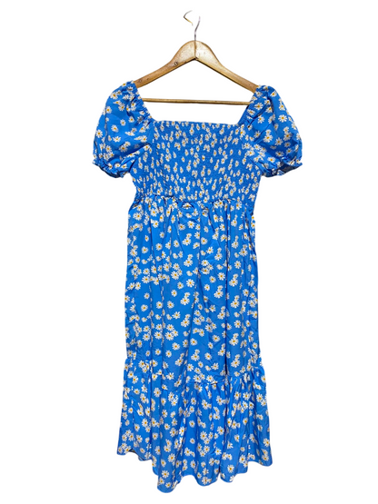 SHEIN |M| BUST 15| A4| BLUE DAISY FLORAL SMOCKED PUFF SLEEVE TIERED MIDI MAXI DRESS