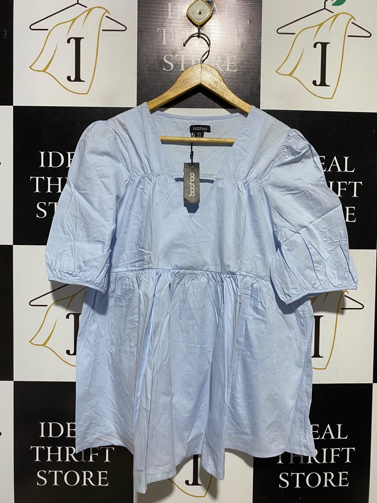 BOOHOO |L| BUST 21| A4| LIGHT BLUE COTTON POPLIN PUFF SLEEVE SMOCK TOP