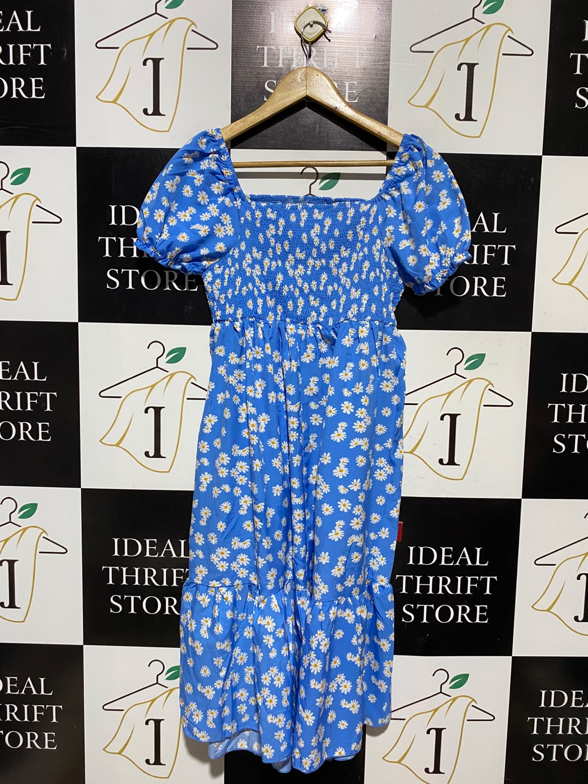 SHEIN |M| BUST 15| A4| BLUE DAISY FLORAL SMOCKED PUFF SLEEVE TIERED MIDI MAXI DRESS