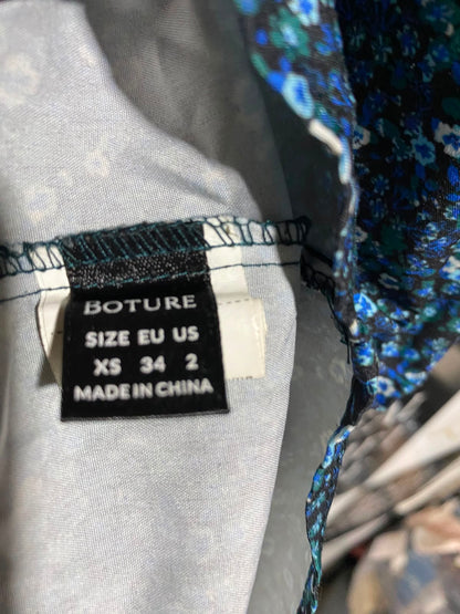 BOTURE |XS| BUST 16| A4| BLUE DITSY FLORAL SHORT SLEEVE CINCHED WAIST MIDI DRESS