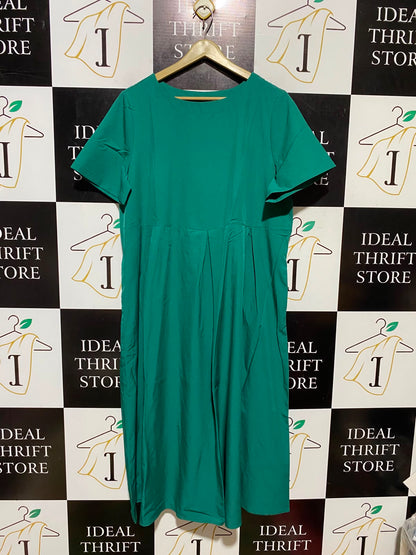 SHEIN |L| BUST 21| A4| EMERALD GREEN SHORT SLEEVE PLEATED EMPIRE WAIST MIDI DRESS