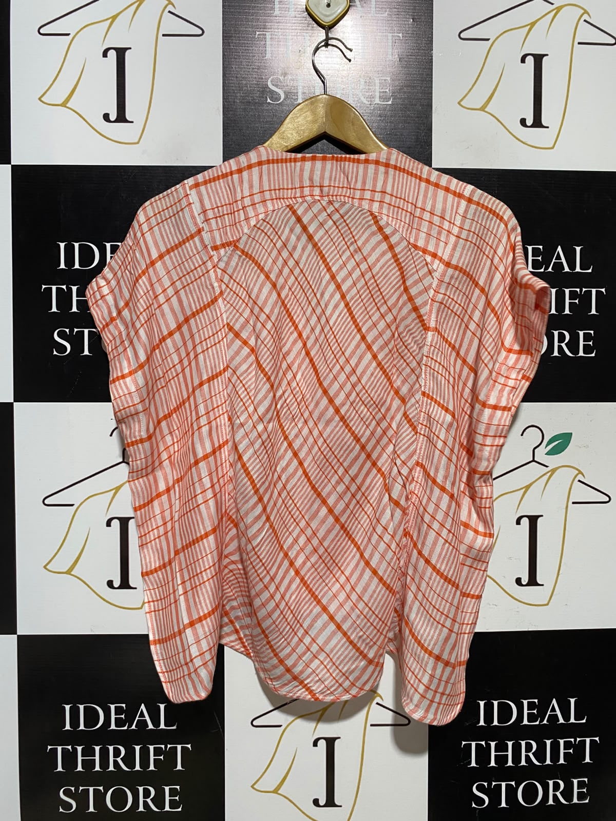 MANGO |XS| BUST FREE| A4| ORANGE AND WHITE PLAID SHORT SLEEVE HI-LOW BLOUSE