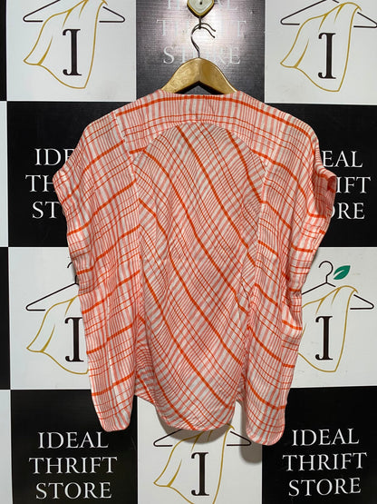 MANGO |XS| BUST FREE| A4| ORANGE AND WHITE PLAID SHORT SLEEVE HI-LOW BLOUSE