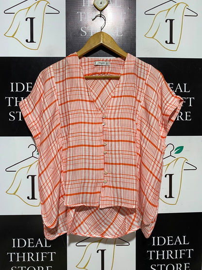 MANGO |XS| BUST FREE| A4| ORANGE AND WHITE PLAID SHORT SLEEVE HI-LOW BLOUSE