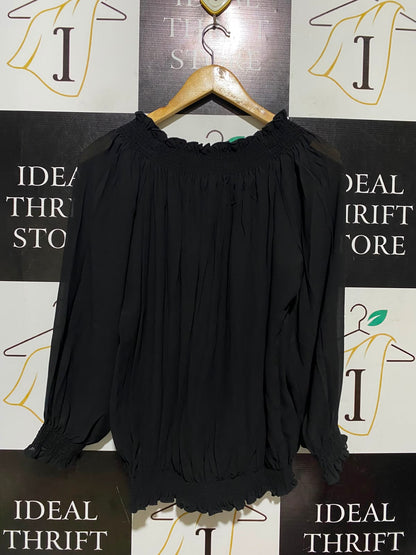 ADIVA |M| BUST 18| A3|BLACK CHIFFON SMOCKED NECK AND WAIST LONG SLEEVE BLOUSE