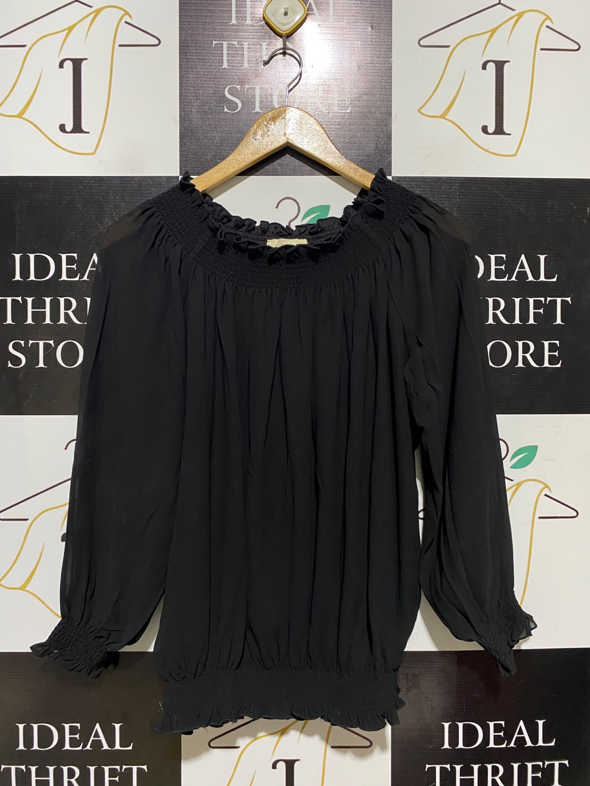 ADIVA |M| BUST 18| A3|BLACK CHIFFON SMOCKED NECK AND WAIST LONG SLEEVE BLOUSE