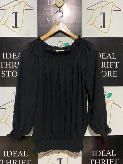 ADIVA |M| BUST 18| A3|BLACK CHIFFON SMOCKED NECK AND WAIST LONG SLEEVE BLOUSE