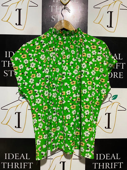 TU WOMAN |M| BUST FREE| A3| GREEN FLORAL PRINTED RUFFLE COLLAR TIE-NECK CAP SLEEVE BLOUSE