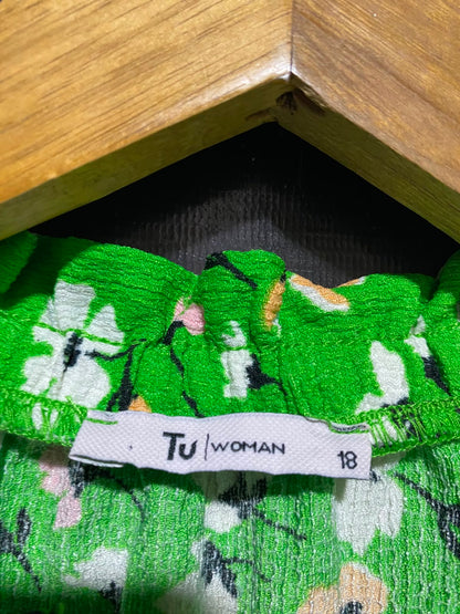 TU WOMAN |M| BUST FREE| A3| GREEN FLORAL PRINTED RUFFLE COLLAR TIE-NECK CAP SLEEVE BLOUSE
