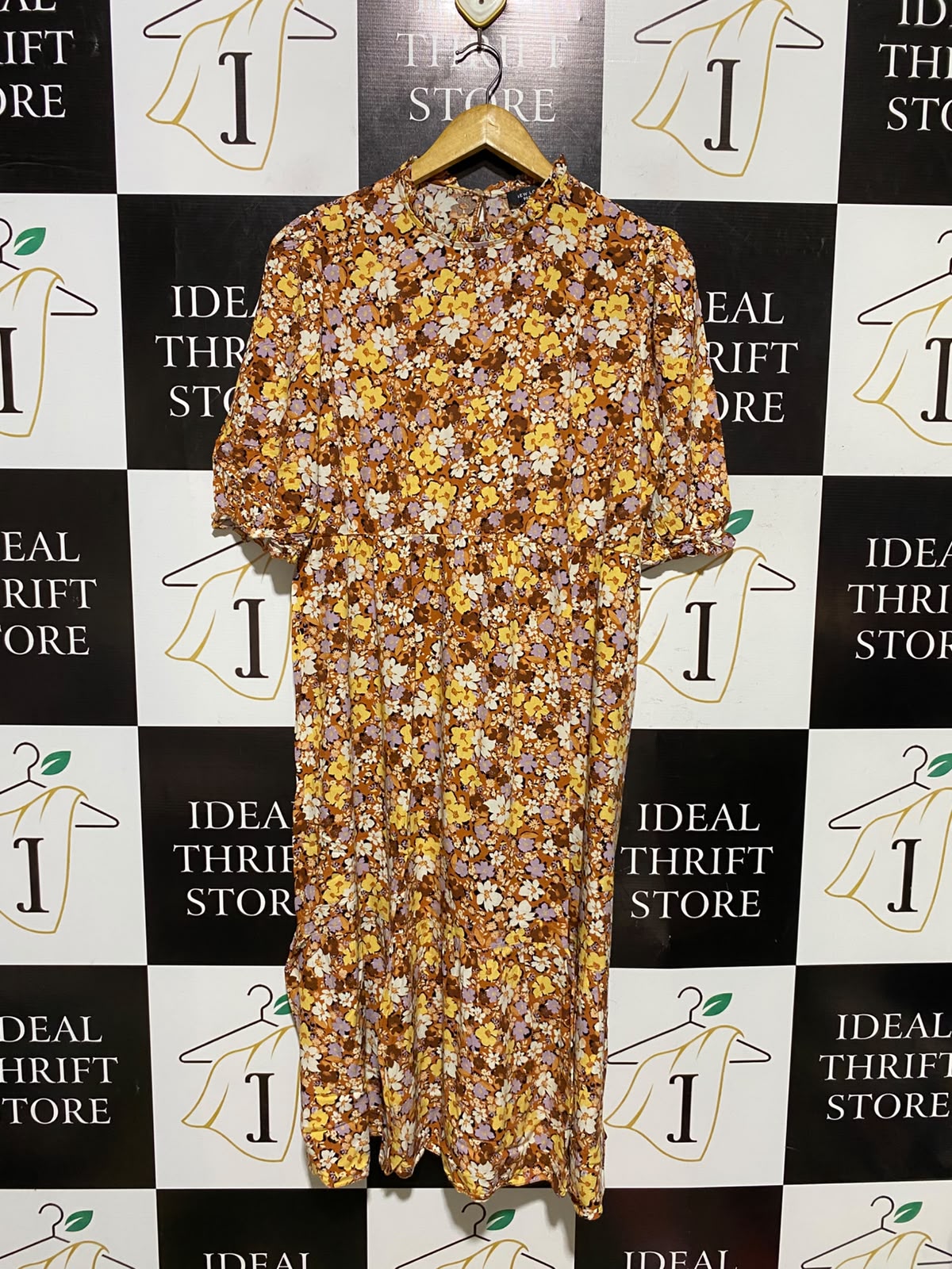 NEW LOOK |M| BUST 18| A3| MUSTARD YELLOW AND BROWN FLORAL MOCK NECK PUFF SLEEVE MIDI DRESS