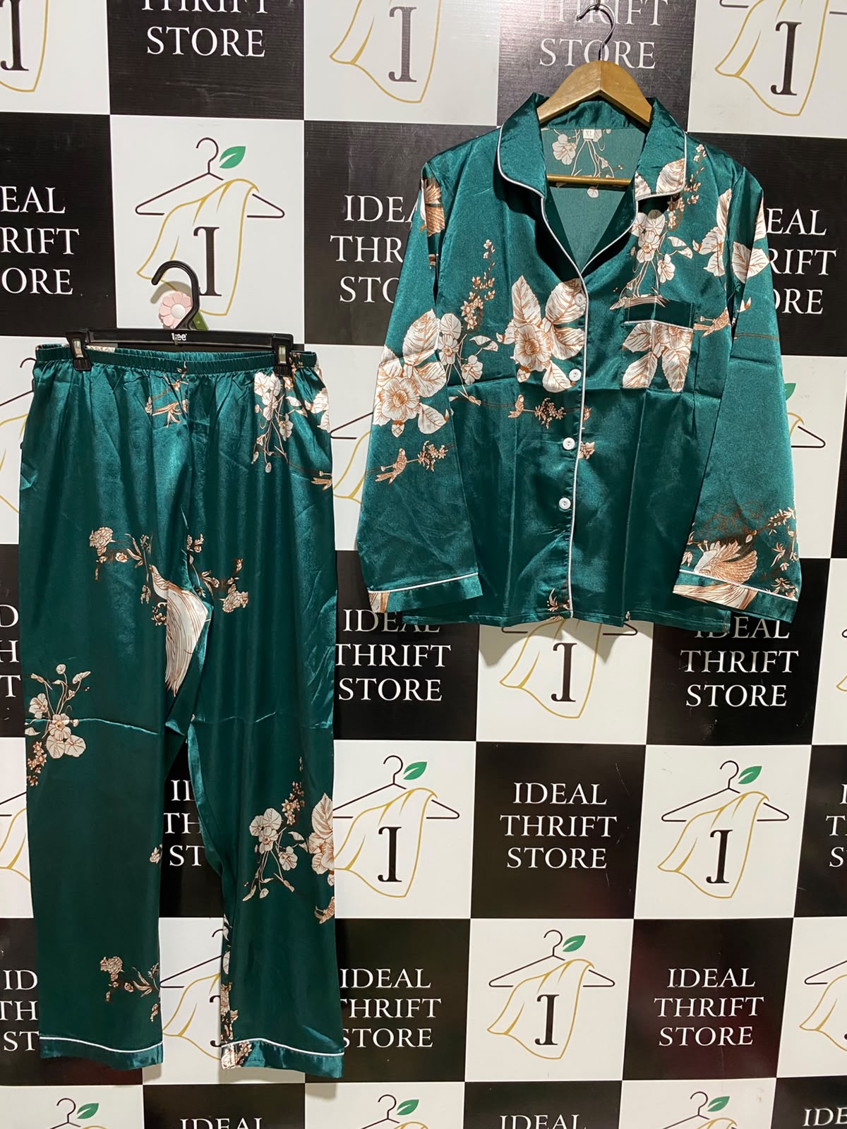 |XL| A3| EMERALD GREEN SATIN FLORAL AND BIRD PRINT PYJAMA PANTS SET