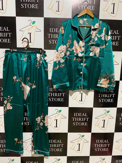 |XL| A3| EMERALD GREEN SATIN FLORAL AND BIRD PRINT PYJAMA PANTS SET