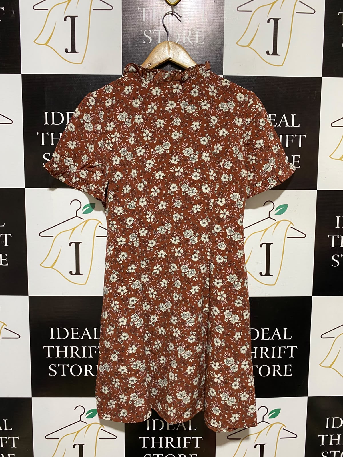 PRIMARK |M| BUST 18| A3| RUST RED FLORAL PRINT RUFFLE COLLAR BUTTON FRONT TIE WAIST DRESS