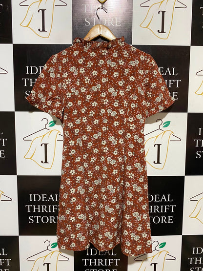 PRIMARK |M| BUST 18| A3| RUST RED FLORAL PRINT RUFFLE COLLAR BUTTON FRONT TIE WAIST DRESS