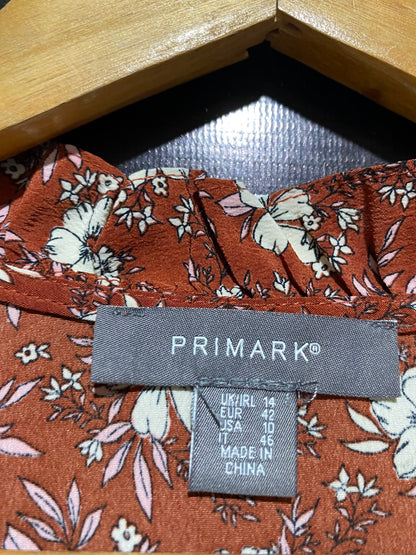 PRIMARK |M| BUST 18| A3| RUST RED FLORAL PRINT RUFFLE COLLAR BUTTON FRONT TIE WAIST DRESS