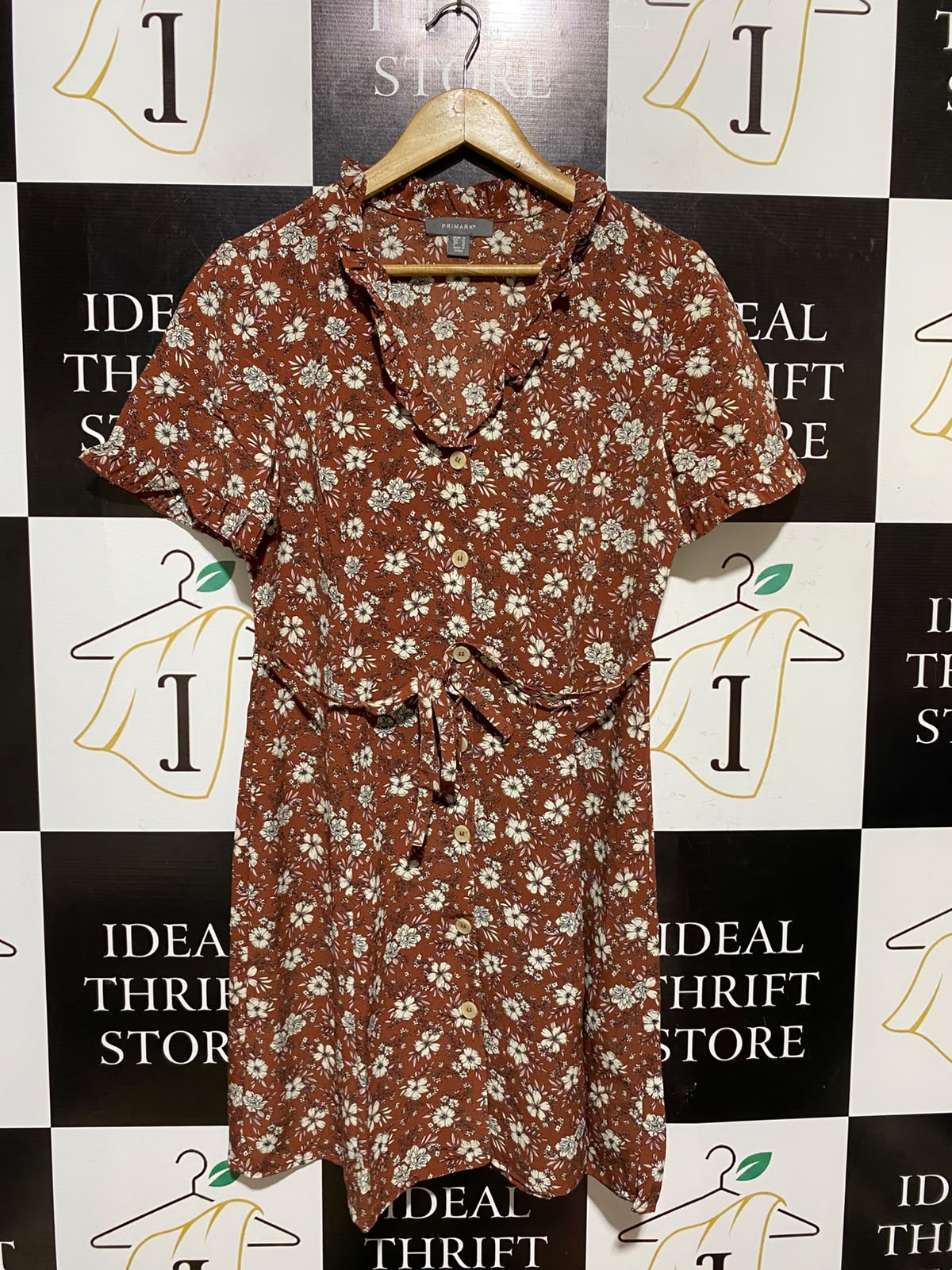 PRIMARK |M| BUST 18| A3| RUST RED FLORAL PRINT RUFFLE COLLAR BUTTON FRONT TIE WAIST DRESS