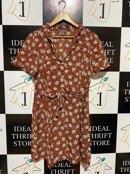 PRIMARK |M| BUST 18| A3| RUST RED FLORAL PRINT RUFFLE COLLAR BUTTON FRONT TIE WAIST DRESS