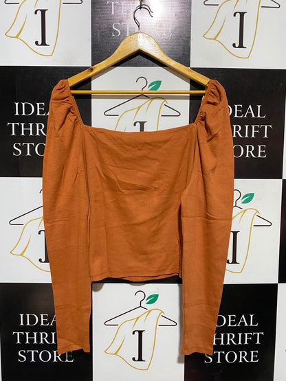 PRIMARK |XL| BUST 21| A3| RUST ORANGE RIBBED SQUARE NECK BUTTON FRONT LONG SLEEVE TOP