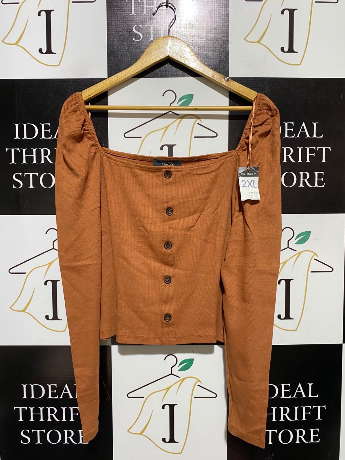 PRIMARK |XL| BUST 21| A3| RUST ORANGE RIBBED SQUARE NECK BUTTON FRONT LONG SLEEVE TOP