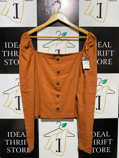PRIMARK |XL| BUST 21| A3| RUST ORANGE RIBBED SQUARE NECK BUTTON FRONT LONG SLEEVE TOP