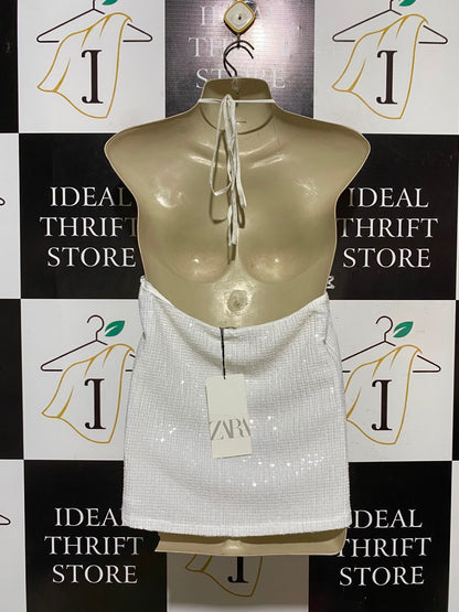 ZARA |M| BUST 15| A3| WHITE SEQUIN HALTER H neck BACKLESS PARTY CROP TANK TOP
