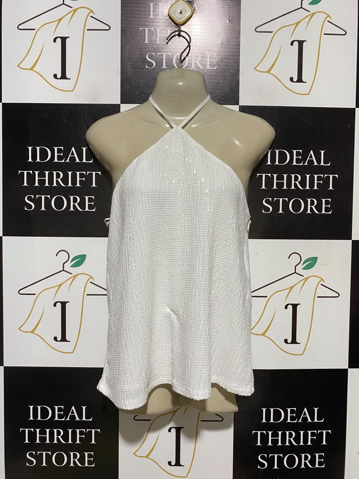 ZARA |M| BUST 15| A3| WHITE SEQUIN HALTER H neck BACKLESS PARTY CROP TANK TOP