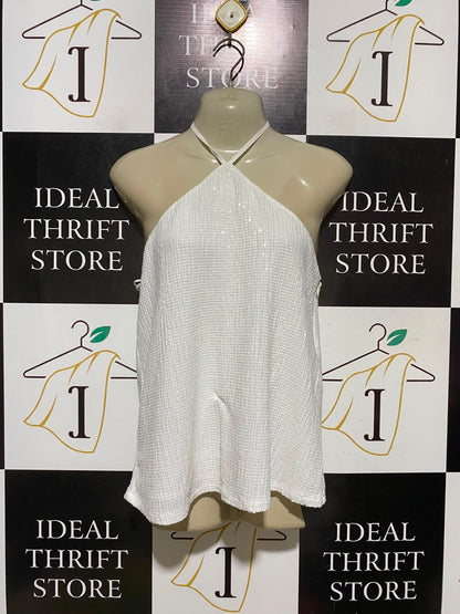 ZARA |M| BUST 15| A3| WHITE SEQUIN HALTER H neck BACKLESS PARTY CROP TANK TOP
