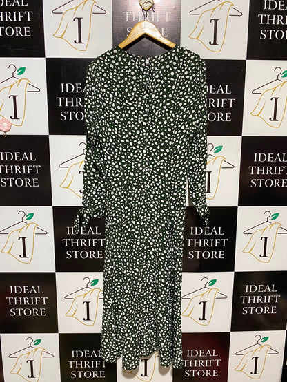 RO & ZO |M| BUST 18| A3| KHAKI GREEN DALMATIAN SPOT LONG SLEEVE TIE-CUFF MAXI DRESS