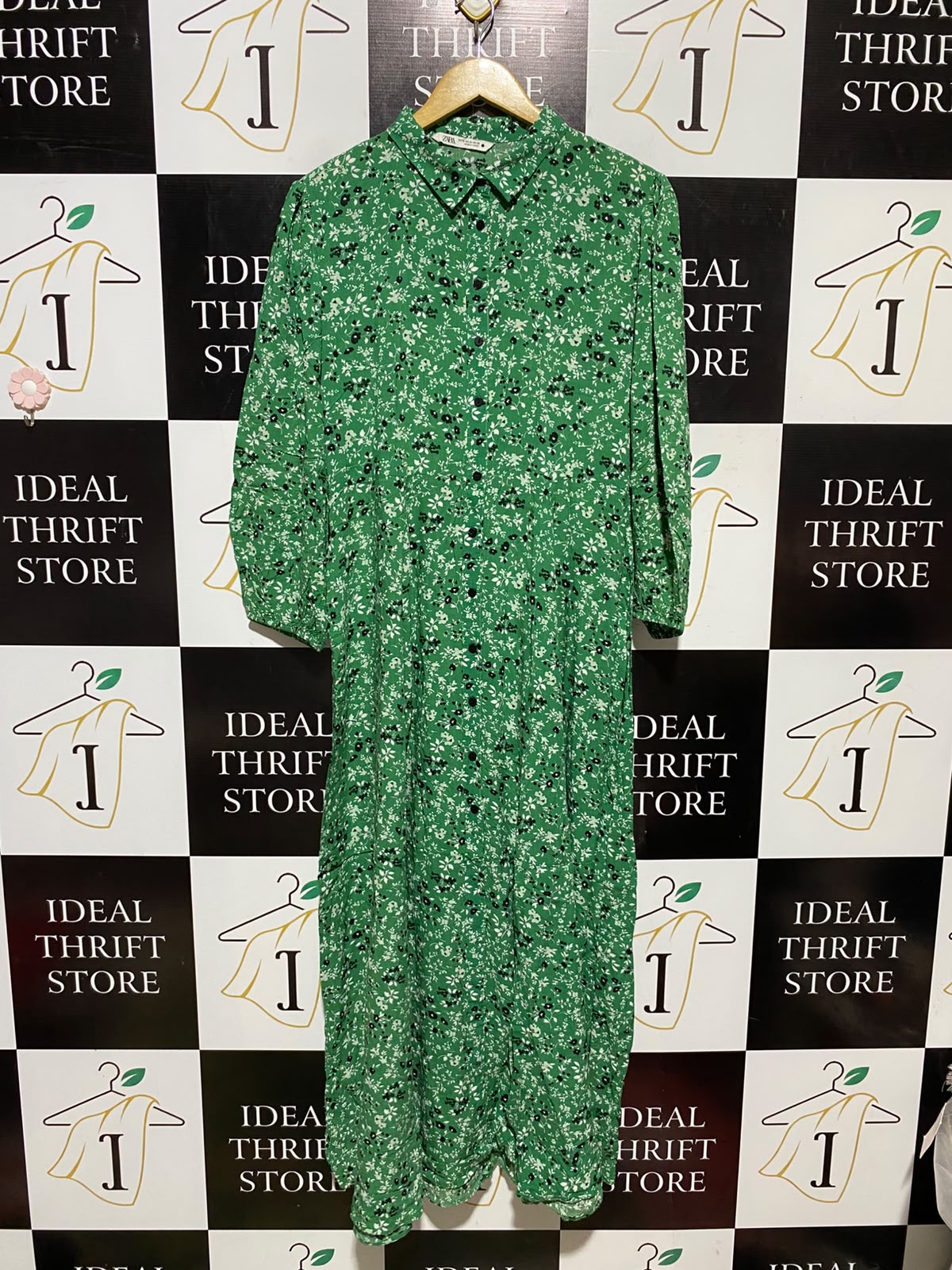 ZARA |XL| BUST 19| A3| GREEN DITSY FLORAL PRINT COLLARED BUTTON-FRONT MIDI SHIRT DRESS