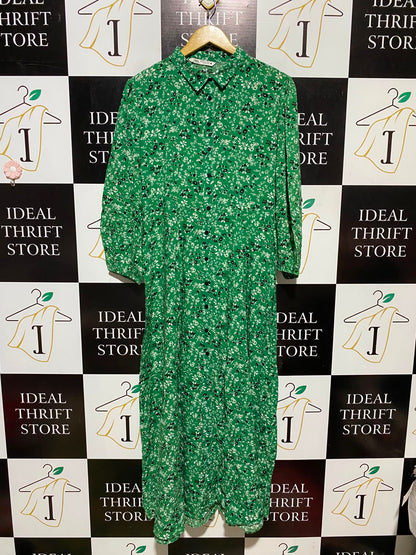 ZARA |XL| BUST 19| A3| GREEN DITSY FLORAL PRINT COLLARED BUTTON-FRONT MIDI SHIRT DRESS