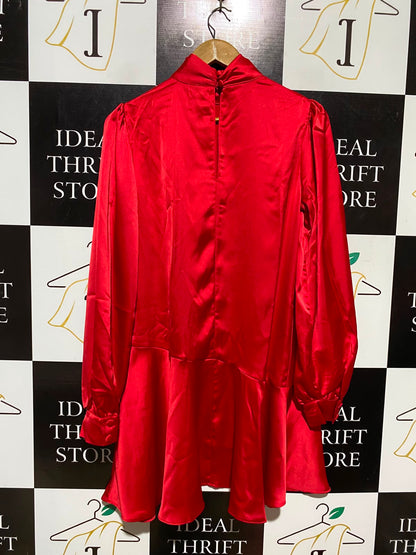RIVER ISLAND |M| BUST 18| A3| VIBRANT RED SATIN HIGH MOCK NECK LONG SLEEVE MINI DRESS