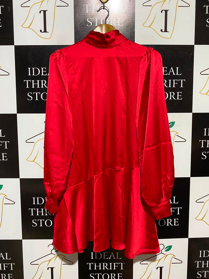 RIVER ISLAND |M| BUST 18| A3| VIBRANT RED SATIN HIGH MOCK NECK LONG SLEEVE MINI DRESS