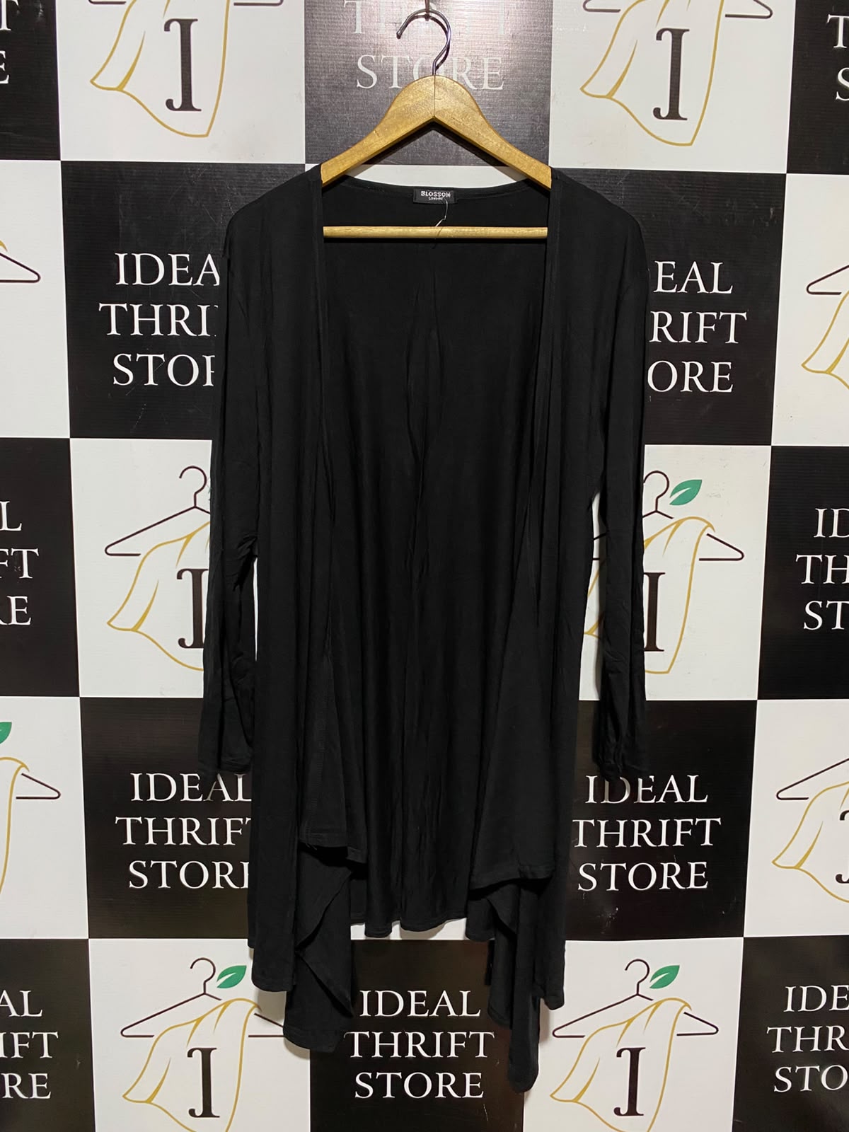 BLOSSOM LONDON |L| BUST 20| A3| BLACK OPEN-FRONT DRAPED WATERFALL CARDIGAN