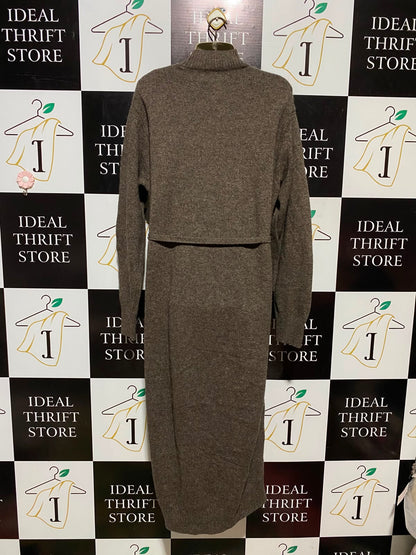 THE  PRIMARK |XL| BUST 21| A3| BROWN HEATHER MOCK NECK BELTED SWEATER MIDI DRESS
