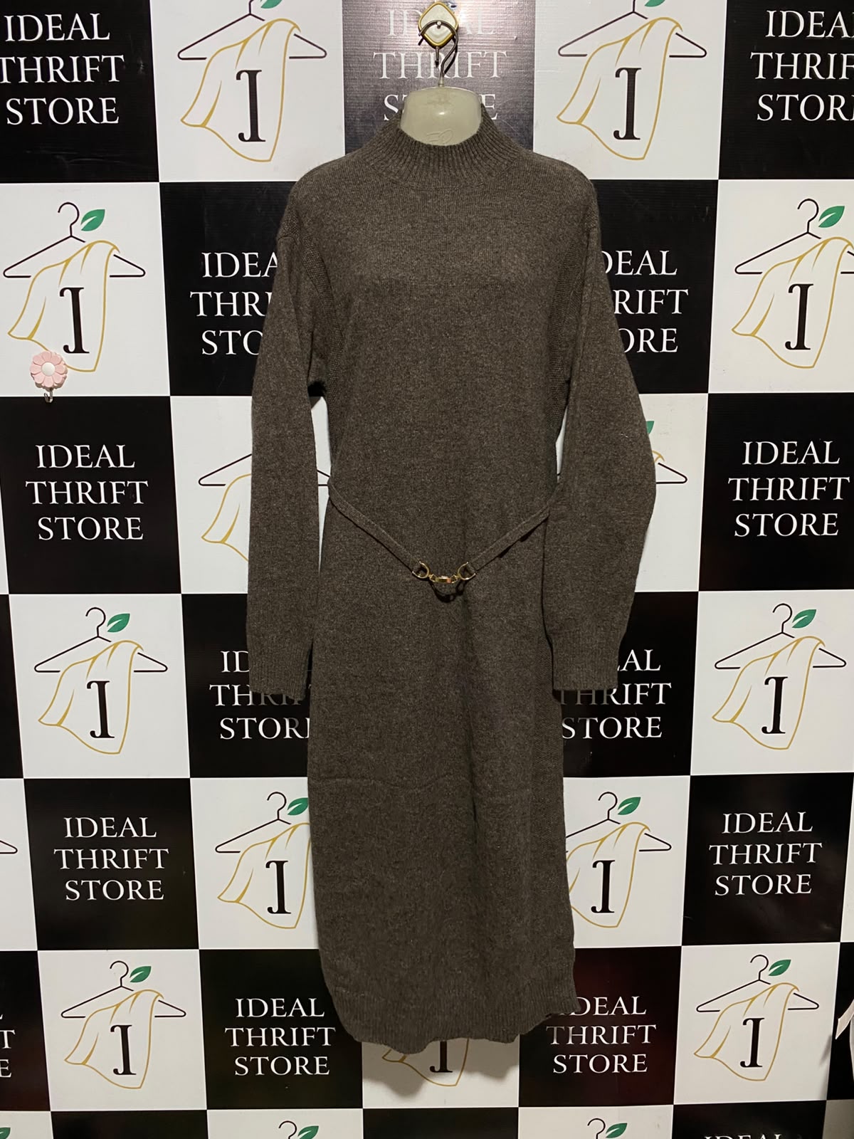 THE  PRIMARK |XL| BUST 21| A3| BROWN HEATHER MOCK NECK BELTED SWEATER MIDI DRESS
