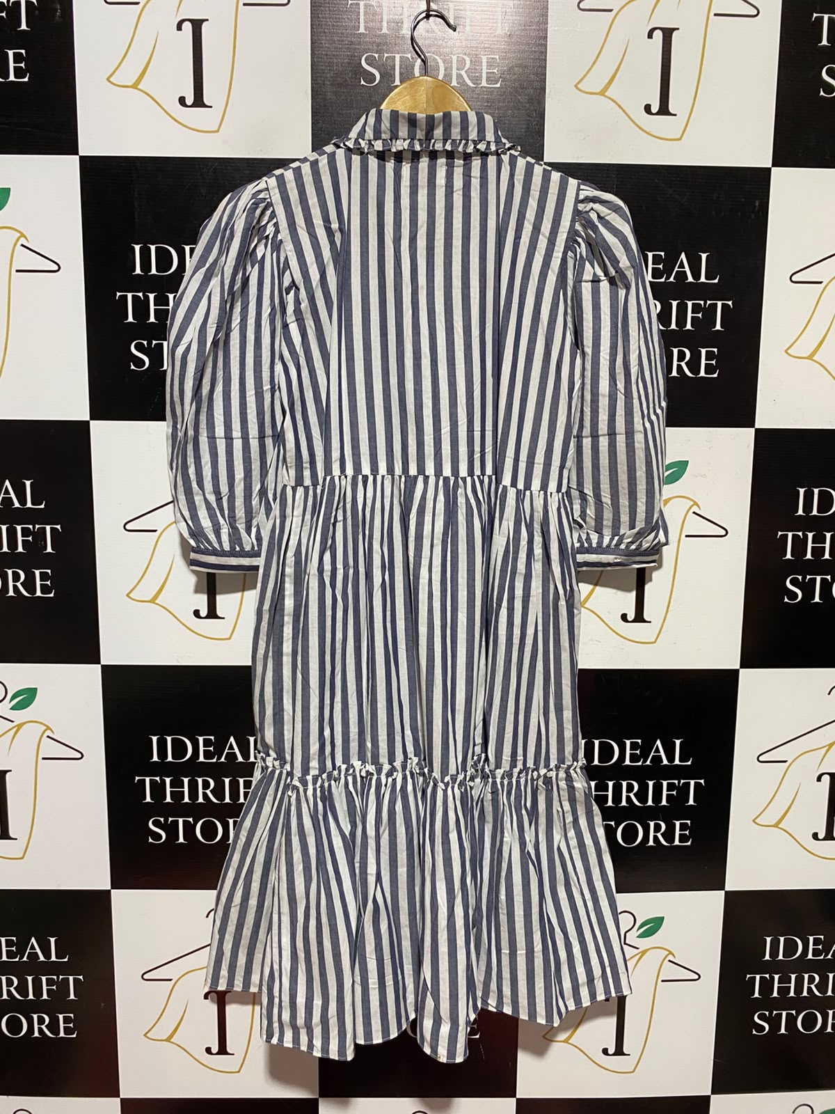 STYLO |M| BUST 20| A3| BLUE AND WHITE VERTICAL STRIPE RUFFLE COLLAR TIERED DRESS