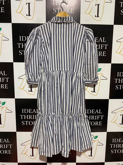 STYLO |M| BUST 20| A3| BLUE AND WHITE VERTICAL STRIPE RUFFLE COLLAR TIERED DRESS