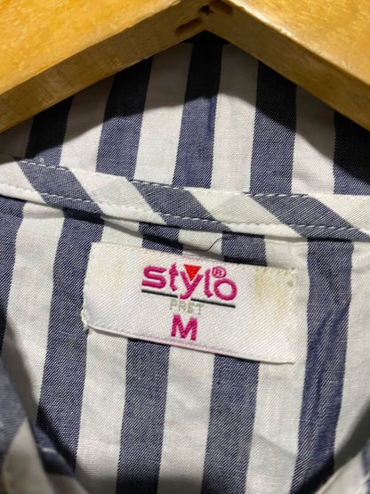 STYLO |M| BUST 20| A3| BLUE AND WHITE VERTICAL STRIPE RUFFLE COLLAR TIERED DRESS