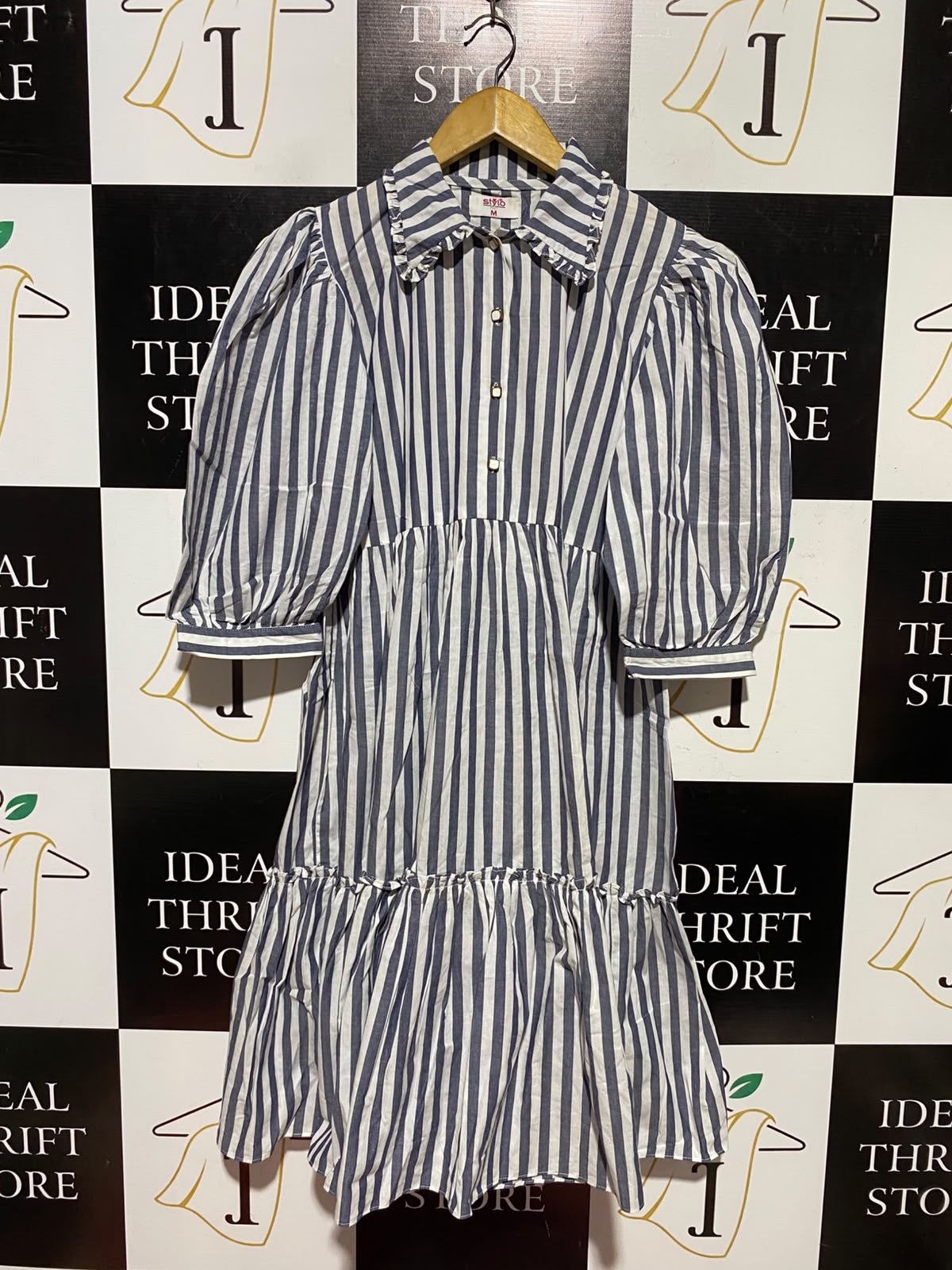 STYLO |M| BUST 20| A3| BLUE AND WHITE VERTICAL STRIPE RUFFLE COLLAR TIERED DRESS
