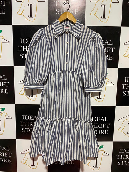 STYLO |M| BUST 20| A3| BLUE AND WHITE VERTICAL STRIPE RUFFLE COLLAR TIERED DRESS