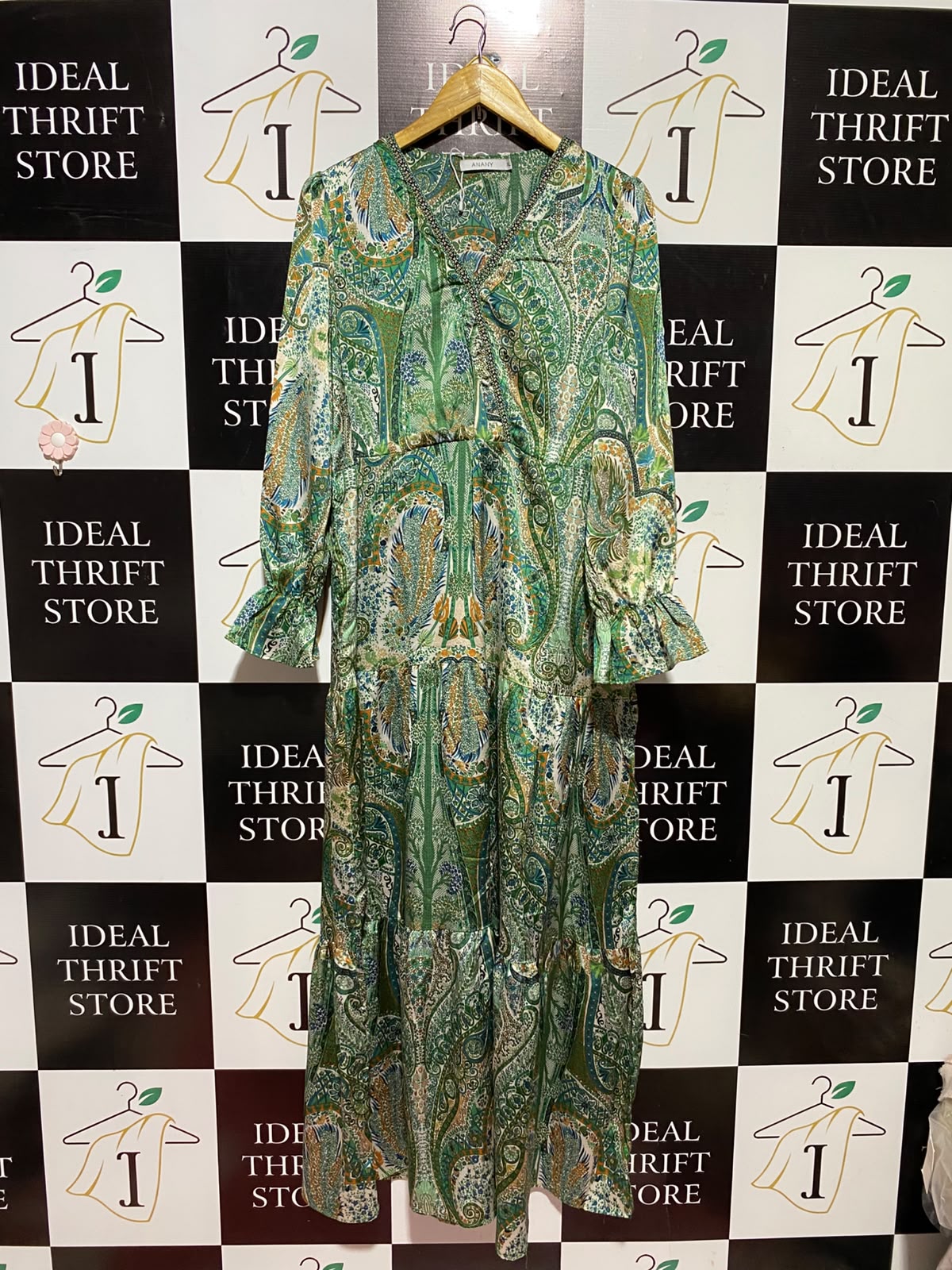 ANANY |XL| BUST 21| A3| GREEN BOHEMIAN PAISLEY PRINT TIERED MAXI DRESS