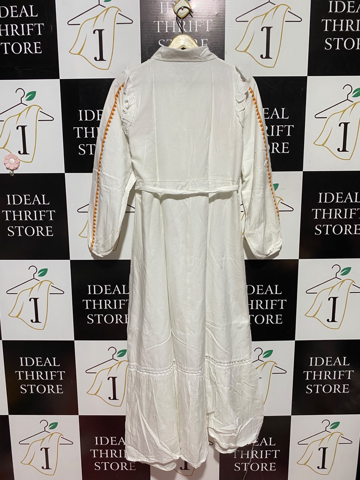 FASHION FOX |M| BUST 18| A3| WHITE BRODERIE ANGLAISE EMBROIDERED BUTTON-FRONT MAXI DRESS WITH TIE WAIST