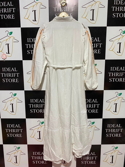 FASHION FOX |M| BUST 18| A3| WHITE BRODERIE ANGLAISE EMBROIDERED BUTTON-FRONT MAXI DRESS WITH TIE WAIST
