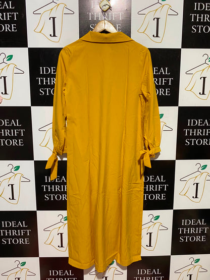 |M| BUST 20| A3| MUSTARD YELLOW NOTCH LAPEL TIE-CUFF BUTTON-FRONT TRENCH SHIRT DRESS