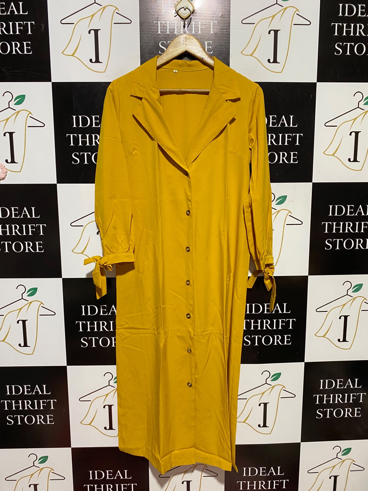 |M| BUST 20| A3| MUSTARD YELLOW NOTCH LAPEL TIE-CUFF BUTTON-FRONT TRENCH SHIRT DRESS