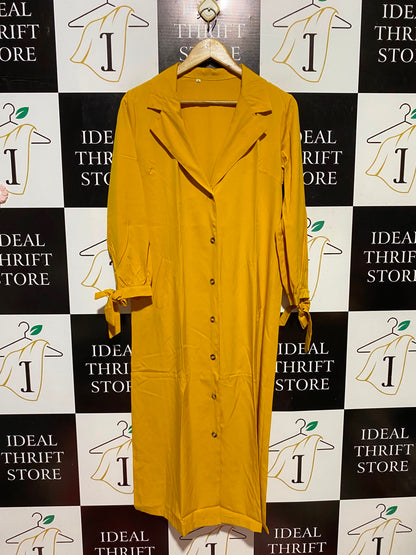 |M| BUST 20| A3| MUSTARD YELLOW NOTCH LAPEL TIE-CUFF BUTTON-FRONT TRENCH SHIRT DRESS