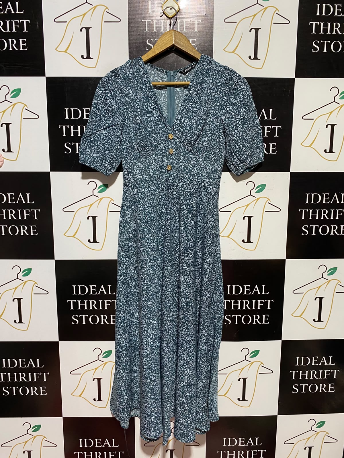 SHEIN |XS| BUST 16| A3| TEAL GREEN DITSY FLORAL V-NECK SHORT PUFF SLEEVE MIDI DRESS