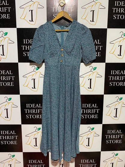 SHEIN |XS| BUST 16| A3| TEAL GREEN DITSY FLORAL V-NECK SHORT PUFF SLEEVE MIDI DRESS