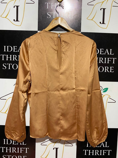 COAST |M| BUST 20| A3| ROSEGOLDE BRONZE SATIN PLEATED FRONT LONG SLEEVE BLOUSE