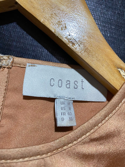 COAST |M| BUST 20| A3| ROSEGOLDE BRONZE SATIN PLEATED FRONT LONG SLEEVE BLOUSE
